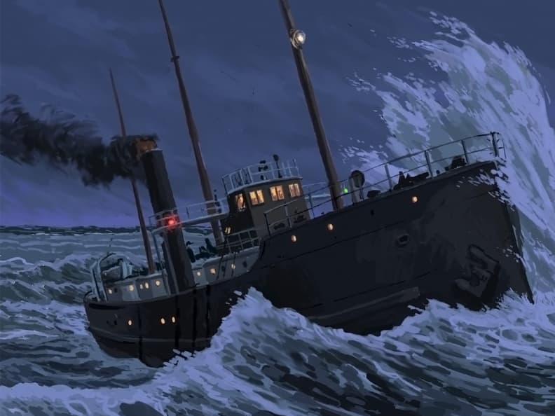 Illustration of SS Bannockburn struggling in dark, stormy seas at night.