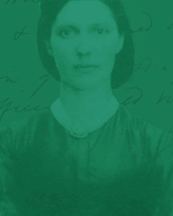 Collage of a photograph of young woman staring at the camera on a background of manuscript text. She is wearing a dark dress and has her hair tied in a bun.