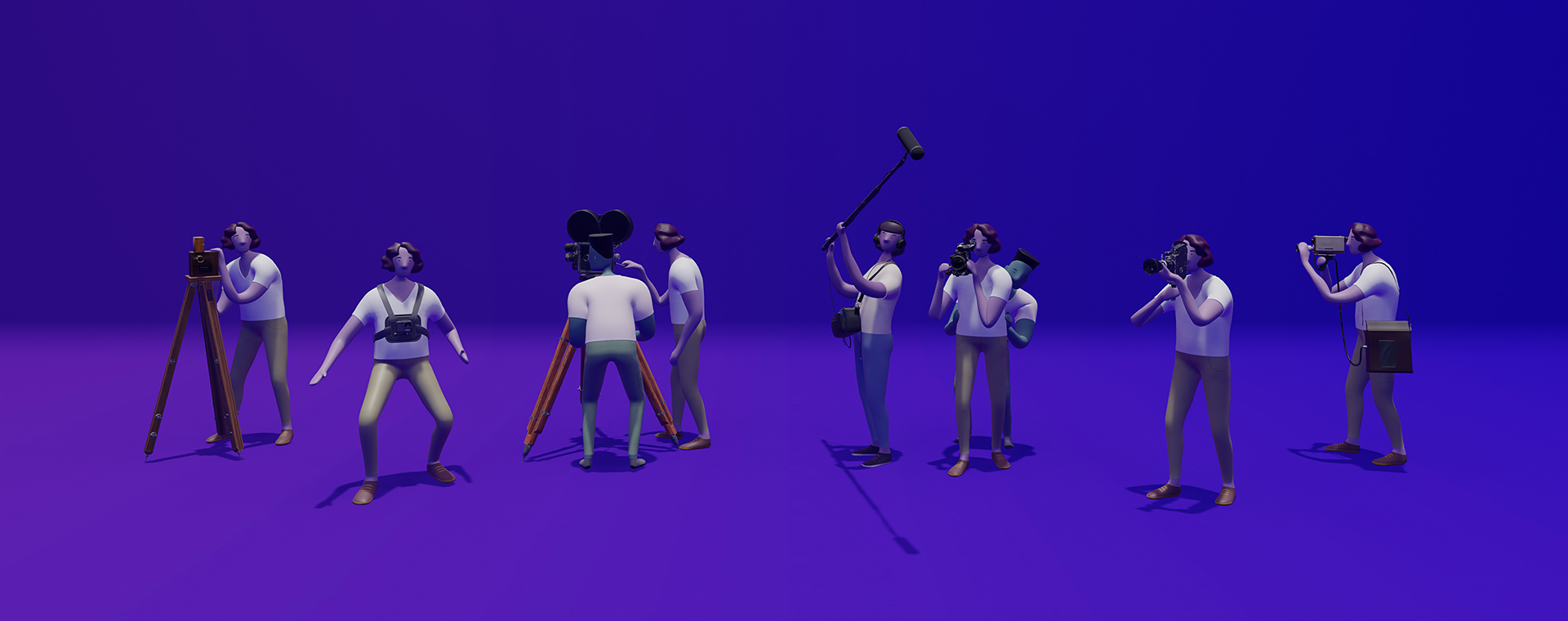 3D modeling of six cameras accompagnied by six operators and three assistants. They strike a pose, ready to shoot a movie.