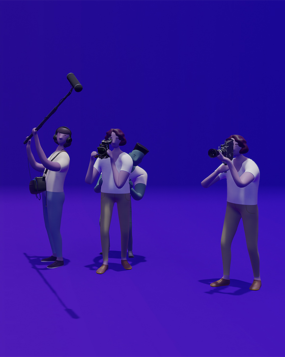 3D modeling of two cameras accompagnied by two operators and two assistants.