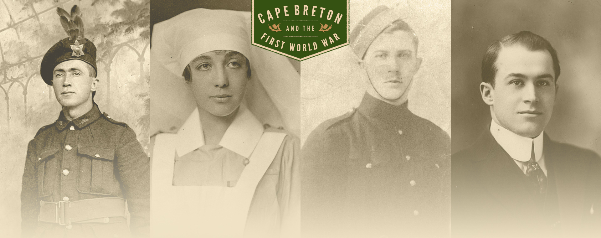 Composite image of four individual portraits of a tunneller, nursing sister, soldier, and prisoner of war. The “Cape Breton and the First World War” logo is pictured in the top-centre of the image.