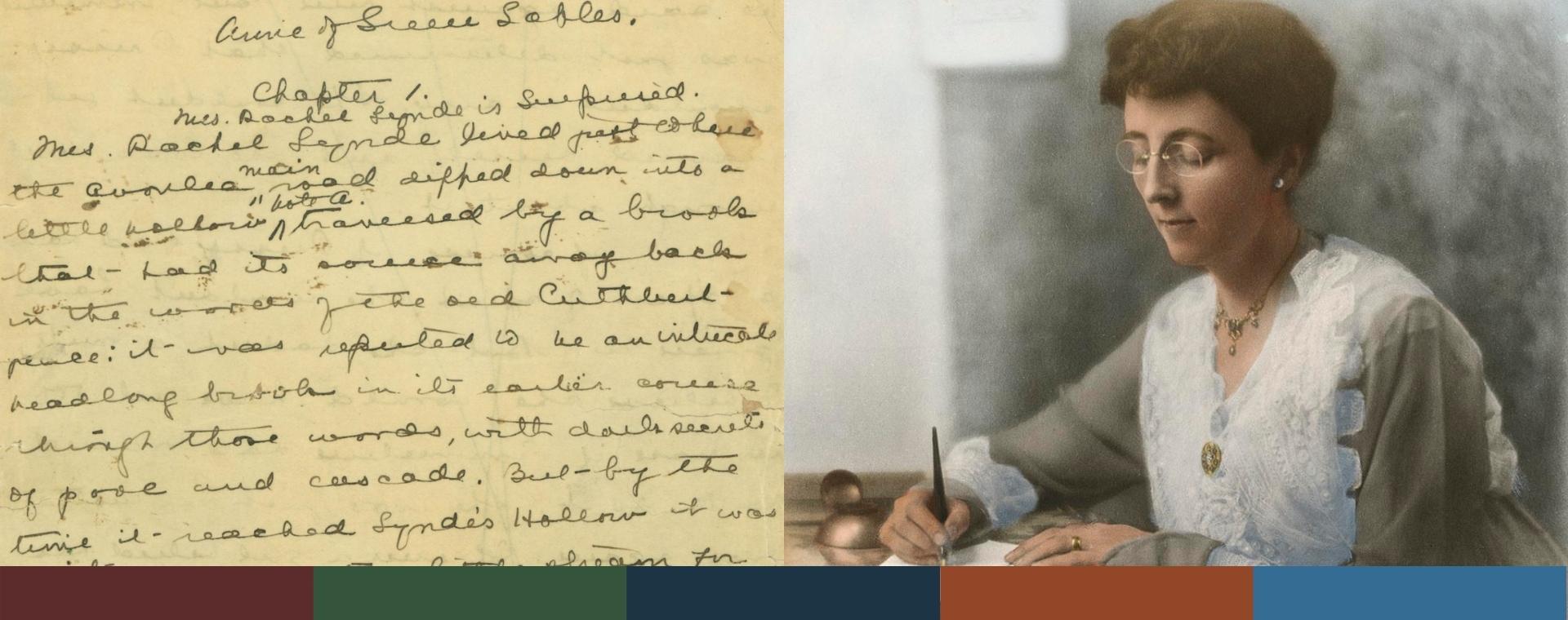 A handwritten page of Anne of Green Gables and a photo of a woman writing at a desk with a fountain pen