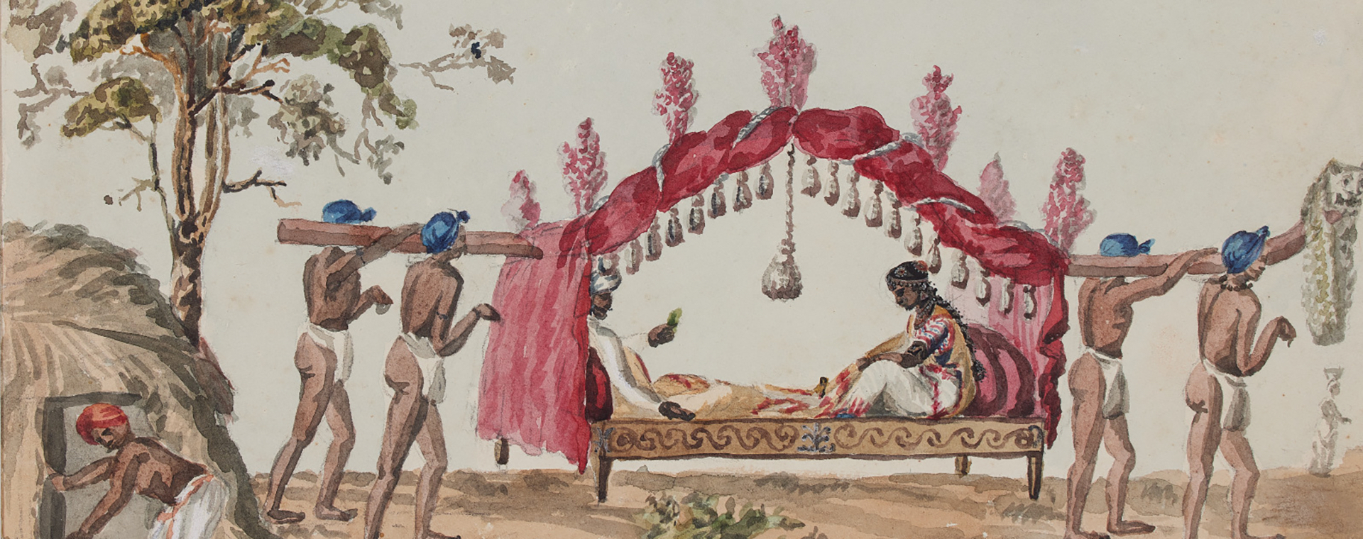 A man and woman sit in a palanquin draped in red cloth with plumes of red feathers and white tassels along the top with one larger tassel in the centre, and a decorative animal head at the end of the front carrying pole; carried by 4 men in loincloths and blue head coverings; a tree to the left, behind a man entering a straw hut.
