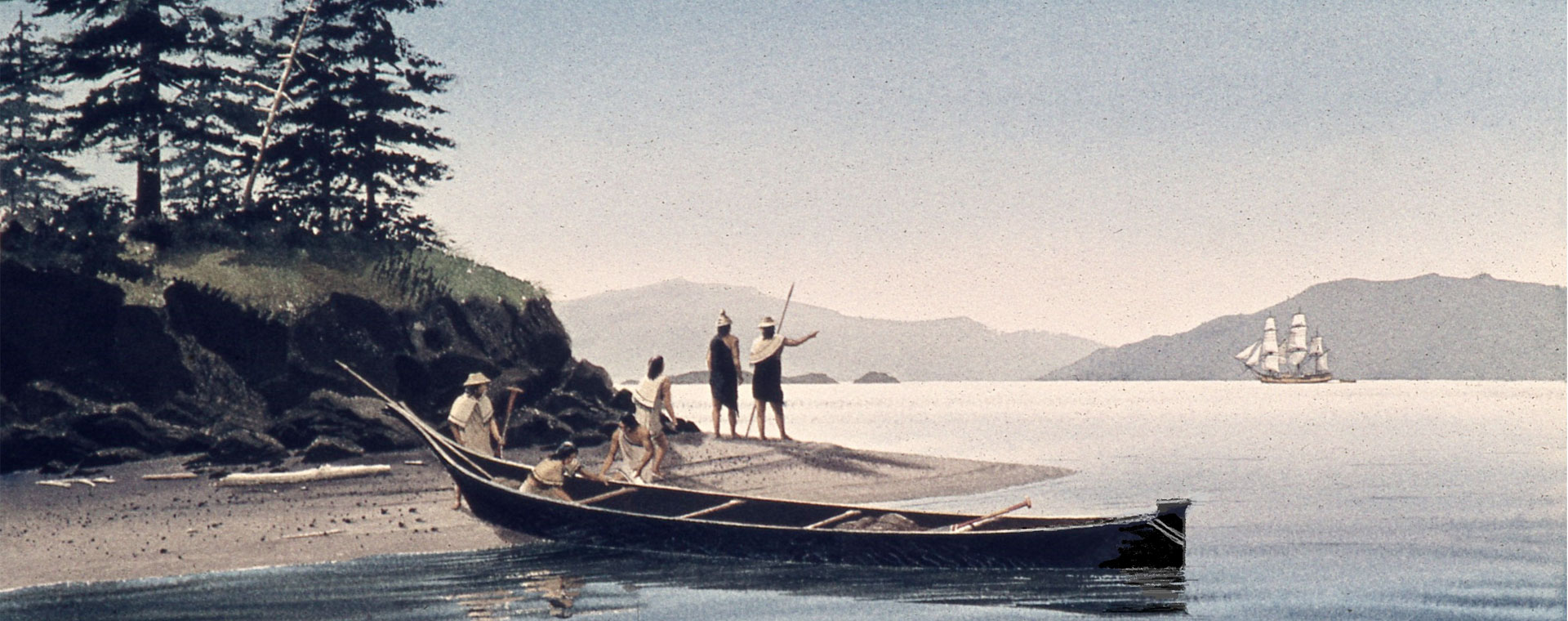 Painting of a group of Indigenous people from the 18th century looking out to sea to view a European sailing ship entering a bay