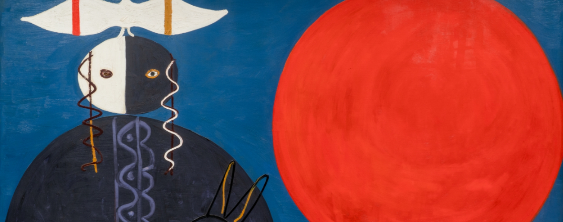 A composition in black, white, and red against a blue background. An animal-like figure composed of two circles is visible on the left. Atop its head stands a bird with outstretched wings. On the right, a large red circle dominates the top half of the painting, while a galloping animal occupies the lower half. (Kittie Bruneau – One Eye Suzy, 1963 – Oil on canvas)