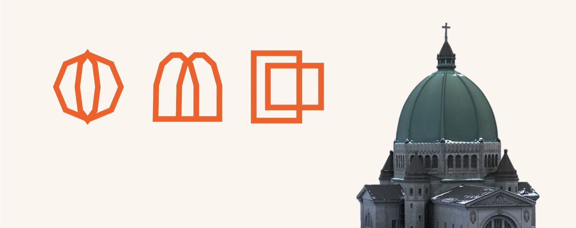 Colour model of the Oratory accompanied by three orange geometric symbols