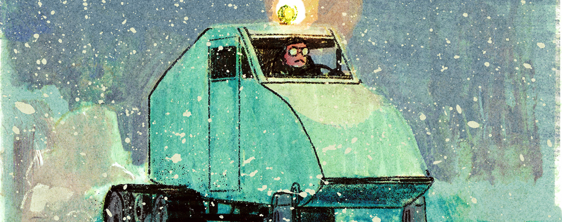 Illustration of Joseph-Armand Bombardier driving his 1934 prototype outside on a winter evening.
