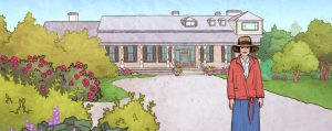 Watercolour-style drawing depicting Elsie Reford in front of Estevan Lodge. She stands on a gravel path. On the left, bushes in varying shades of green, some with flowers. In the background, Estevan Lodge dominates the image: a two-storey Victorian summer residence, surrounded by a veranda, with green-shuttered windows accentuating the façade.