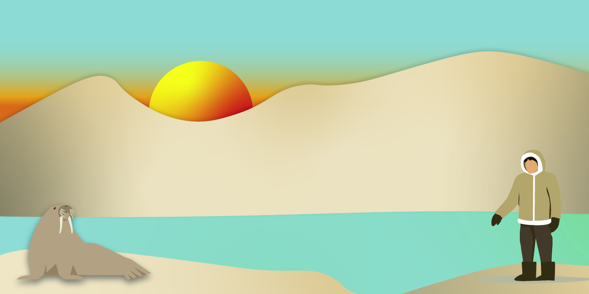 The drawing depicts a Far North summer landscape, with the light of a sun that is either just rising or setting. In the foreground, a walrus on the left and a person on the right stand on the coastline. In the background, mountains rise behind which a half-sun is either rising or setting.