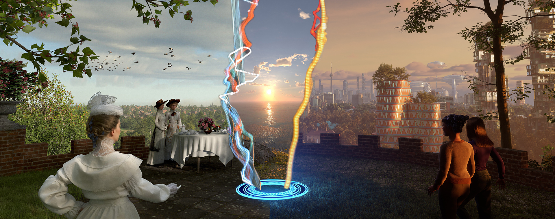 On the left side of a woman in a white outfit stands in the foreground, facing away from the viewer. In the middle distance lies a low brick crenellated wall; in front of it a table covered in a white cloth has flowers and crockery on top. To the left of the table stand two more women dressed in white. behind the wall are trees to the left, a city scape and a flock of birds in the sky. In the middle of the picture jagged multi-coloured lines around a view to a calm body of water come down into a set of glowing blue rings. On the right side the same brick wall crossed through the middle distance. In front of the wall two women walk towards the upper left corner, and behind the wall a futuristic city scape with tall buildings and a spiked tower can be seen.
